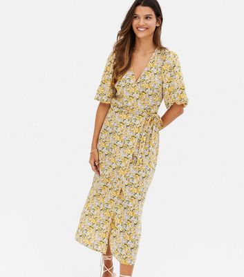 VILA Mustard Floral Wrap Midi Dress ...